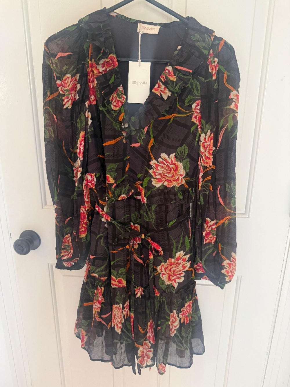 NWT Banjanan Florence Floral mini Dress Black ruffle size XS w/pockets tartan